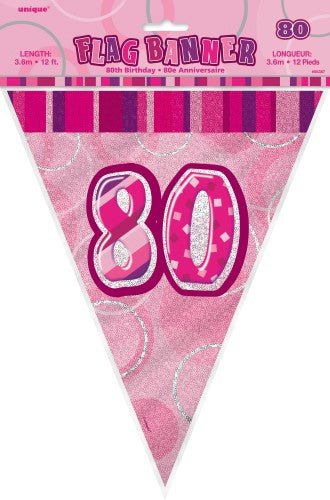 80th Birthday Flag Banner (Blue, Pink, Black) - Everything Party