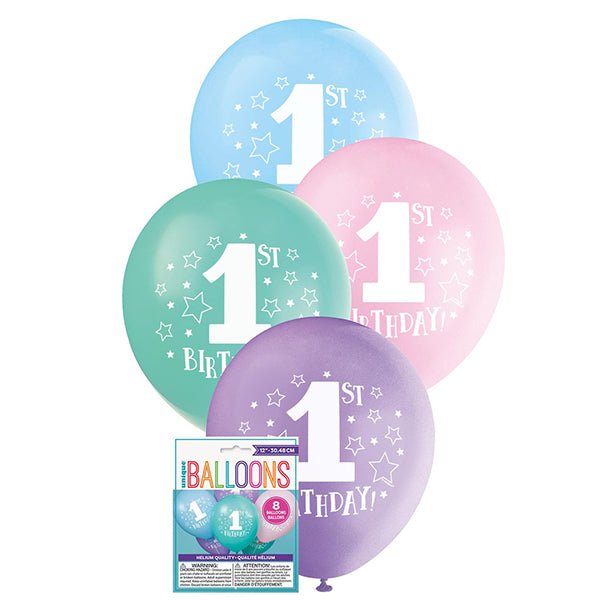 8pk 1st Birthday Stars Assorted Latex Balloon 30cm - Everything Party