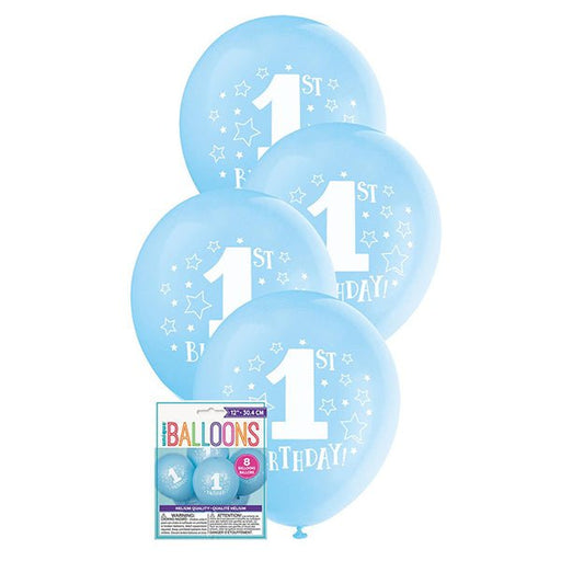 8pk 1st Birthday Stars Blue Latex Balloon 30cm - Everything Party