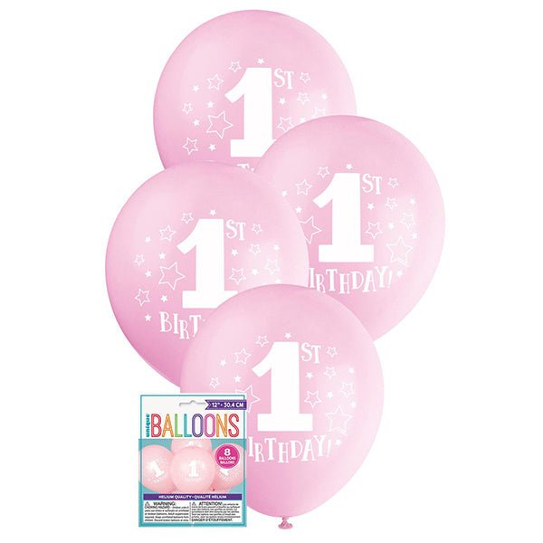 8pk 1st Birthday Stars Pink Latex Balloon 30cm - Everything Party