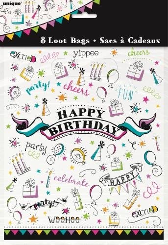 8pk Doodle Happy Birthday Party Loot Bags - Everything Party
