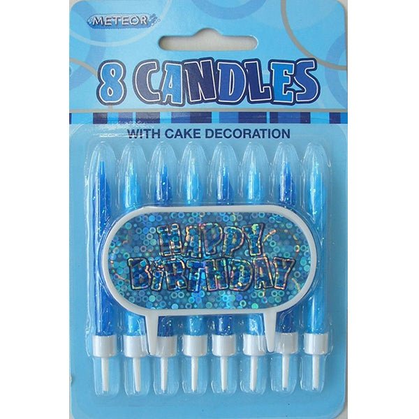 8pk Glitz Candle with Happy Birthday Cake Decoration - Blue - Everything Party