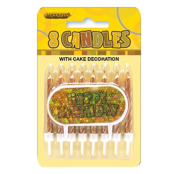 8pk Glitz Candle with Happy Birthday Cake Decoration - Gold - Everything Party