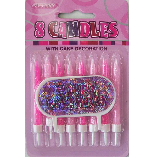 8pk Glitz Candle with Happy Birthday Cake Decoration - Pink - Everything Party