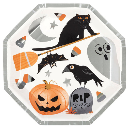8pk Halloween Bats & Boos Foil Stamped Octagonal Paper Plates 23cm - Everything Party