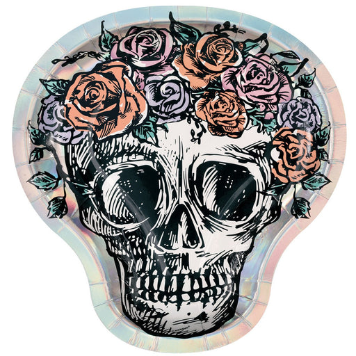 8pk Halloween Day of the Dead Floral Skull Shape Foil Stamped Paper Plates - Everything Party