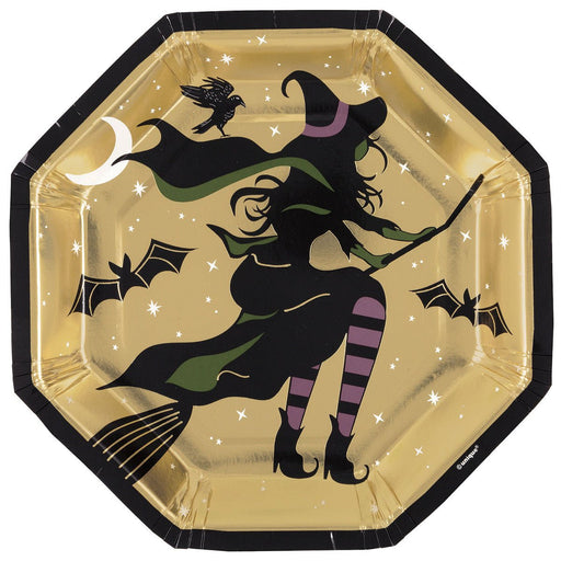 8pk Halloween Flying Witch Foil Stamped Octagonal Paper Plates 20cm - Everything Party