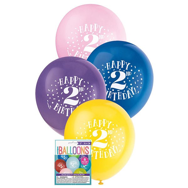 8pk Happy 2nd Birthday Assorted Latex Balloon 30cm - Everything Party