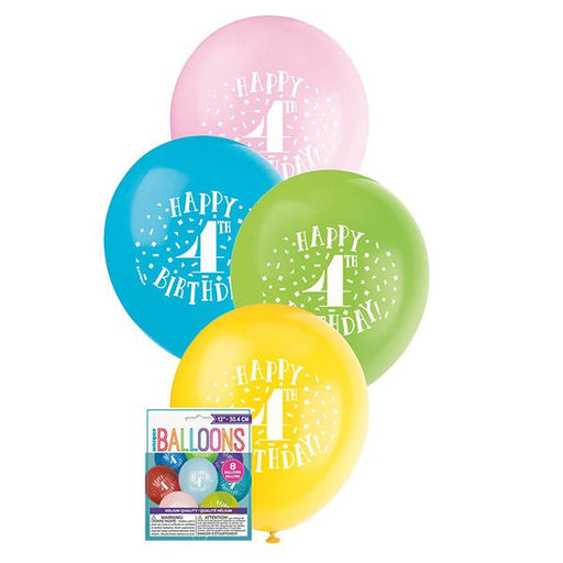 8pk Happy 4th Birthday Assorted Latex Balloon 30cm - Everything Party