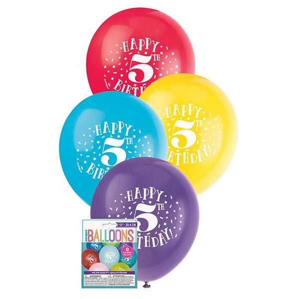 8pk Happy 5th Birthday Assorted Latex Balloon 30cm - Everything Party