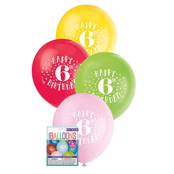 8pk Happy 6th Birthday Assorted Latex Balloon 30cm - Everything Party