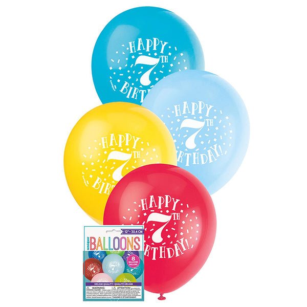 8pk Happy 7th Birthday Assorted Latex Balloon 30cm - Everything Party