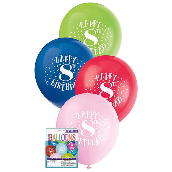 8pk Happy 8th Birthday Assorted Latex Balloon 30cm - Everything Party