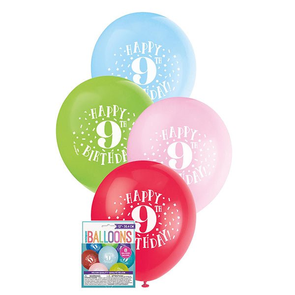8pk Happy 9th Birthday Assorted Latex Balloon 30cm - Everything Party