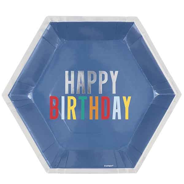 8pk Happy Birthday Foil Stamped Hexagonal Paper Plates - Everything Party