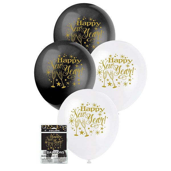 8pk Happy New Year Printed Latex Balloons 30cm - Everything Party