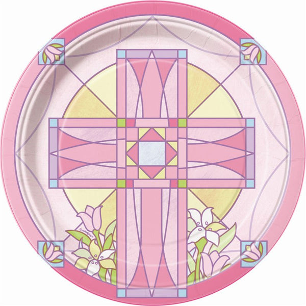 8pk Sacred Cross Pink Paper Plates - Everything Party