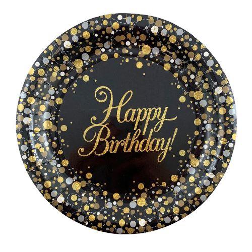 8pk Sparkling Fizz Black Gold Happy Birthday Paper Plates - 23cm - Everything Party