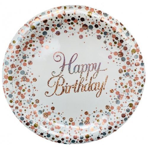 8pk Sparkling Fizz Rose Gold Happy Birthday Paper Plates - 23cm - Everything Party