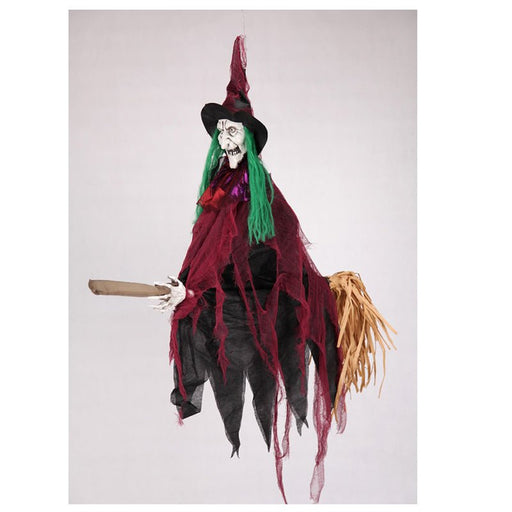 90cm Animated Hanging Witch Riding Broom with Sound, Light up Eyes - Everything Party