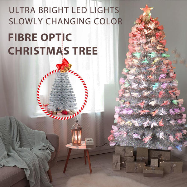 90cm Silver Fibre Optic Slow Colour Changing LED Light Up Christmas Tree - Everything Party