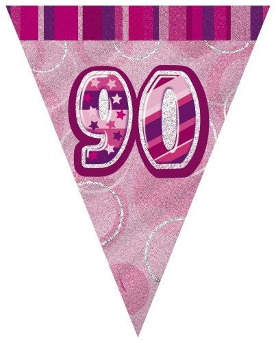 90th Birthday Flag Banner (Blue, Pink, Black) - Everything Party