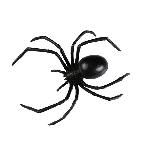Large Black Widow Spider Halloween Decoration – realistic 16 cm plastic spider prop for spooky party or haunted house décor.