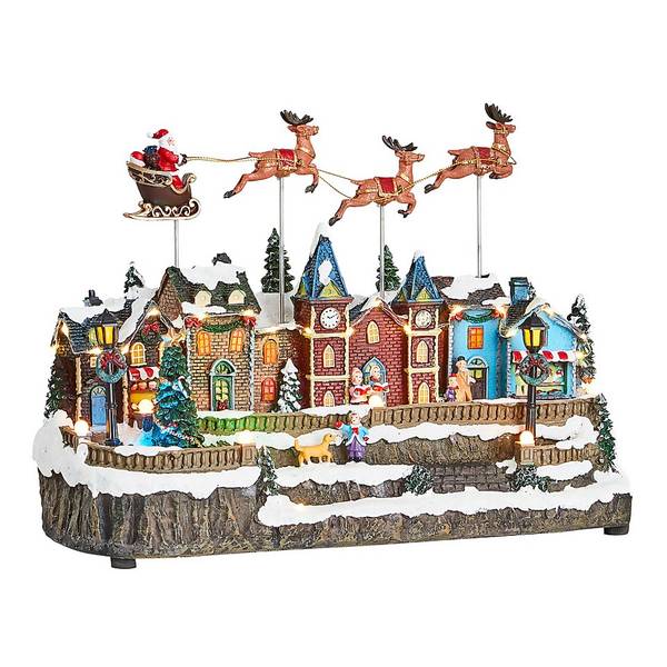Animated Christmas Snowy Village LED Lights Musical Flying Santa Sleigh - Everything Party