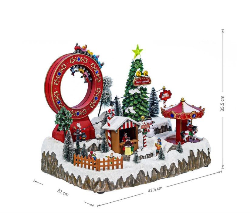 Animated Christmas Village Amusement Park with LED Lights Music Turing Roller Coaster Carousel - Everything Party