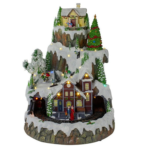 Animated Christmas Village Musical LED Snowy Mountain with Rotating Train Skaters and Tree - Everything Party