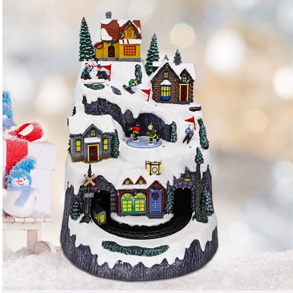 Animated Christmas Village Snowy Mountain with Rotating Train Skaters Musical and LED Lights - Everything Party