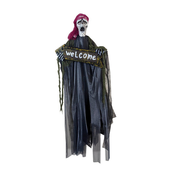 Animated Hanging Ghoul Skeleton with Welcome Sign - Everything Party