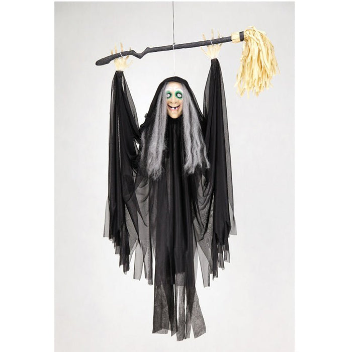 Animated Hanging Witch on Broom with Sound, Light up Eyes and Floating Movement - Everything Party