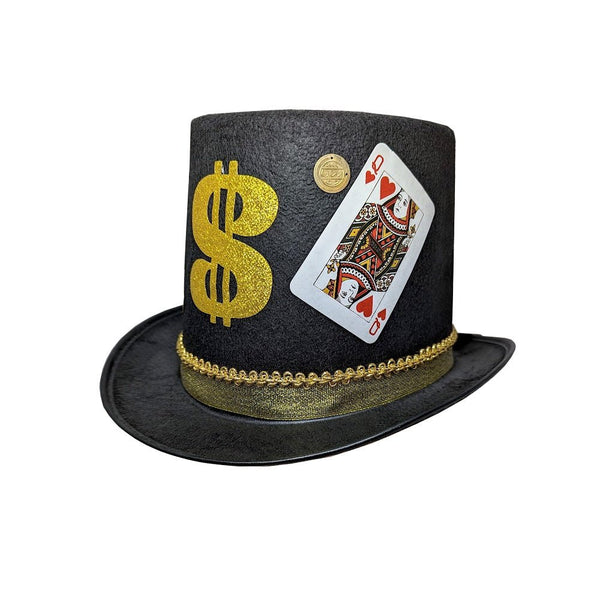 Black Casino Top Hat with Dollar Sign and Poker Card - Everything Party