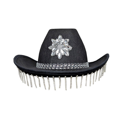 Black Deluxe Festival Cowgirl Hat with Diamante Strands and Crystal Decoration - Everything Party