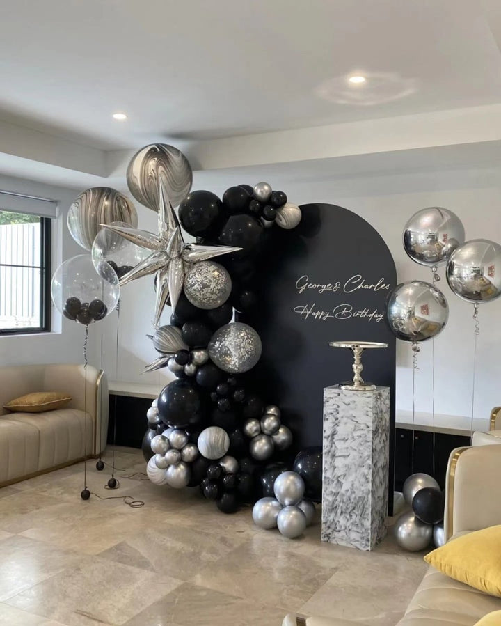 Black & Silver Balloon Garland with Black Backdrop with Writting - Everything Party