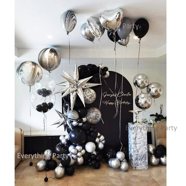 Black & Silver Balloon Garland with Black Backdrop with Writting - Everything Party