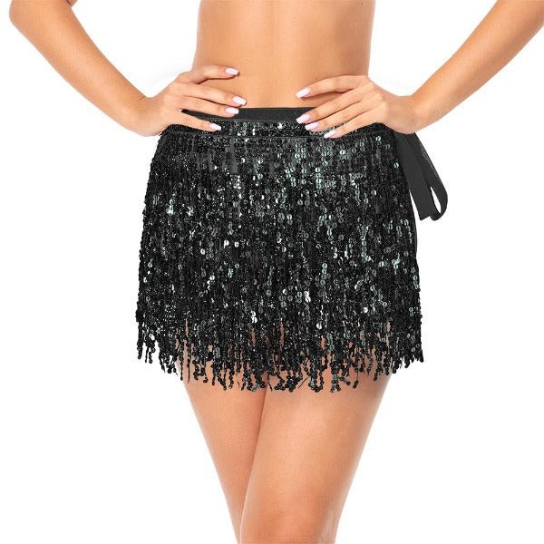 Black Wrap Around Sequin Fringe Skirt - Everything Party