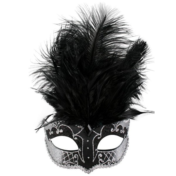 Carmela White & Black with Feathers Masquerade Eye Mask - Everything Party