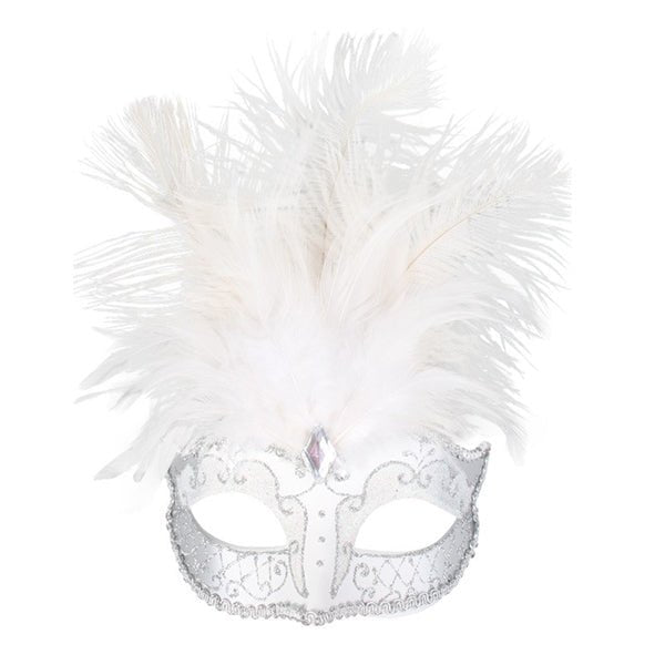 Carmela White & Silver with Feathers Masquerade Eye Mask - Everything Party