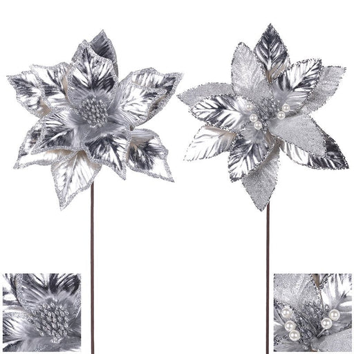 Christmas Artificial Flower Platinum Silver Poinsettia 45cm - Everything Party