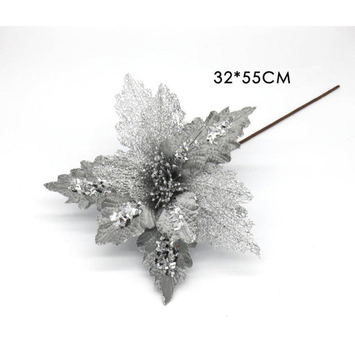 Christmas Artificial Flower Silver Poinsettia with Glitter 55cm - Everything Party