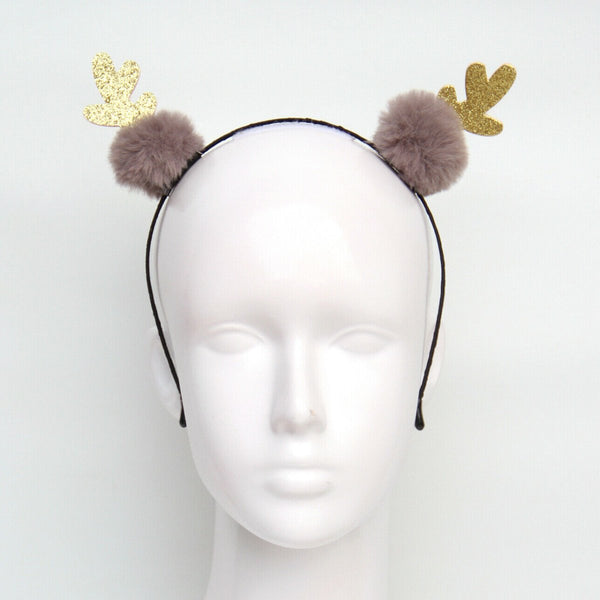 Christmas Headband - Gold Reindeer Antlers with Grey Fluffy Balls - Everything Party