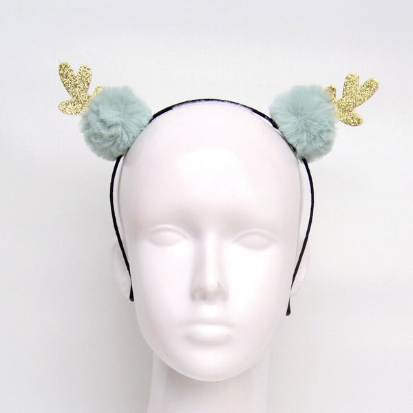 Christmas Headband - Gold Reindeer Antlers with Mint Fluffy Balls - Everything Party