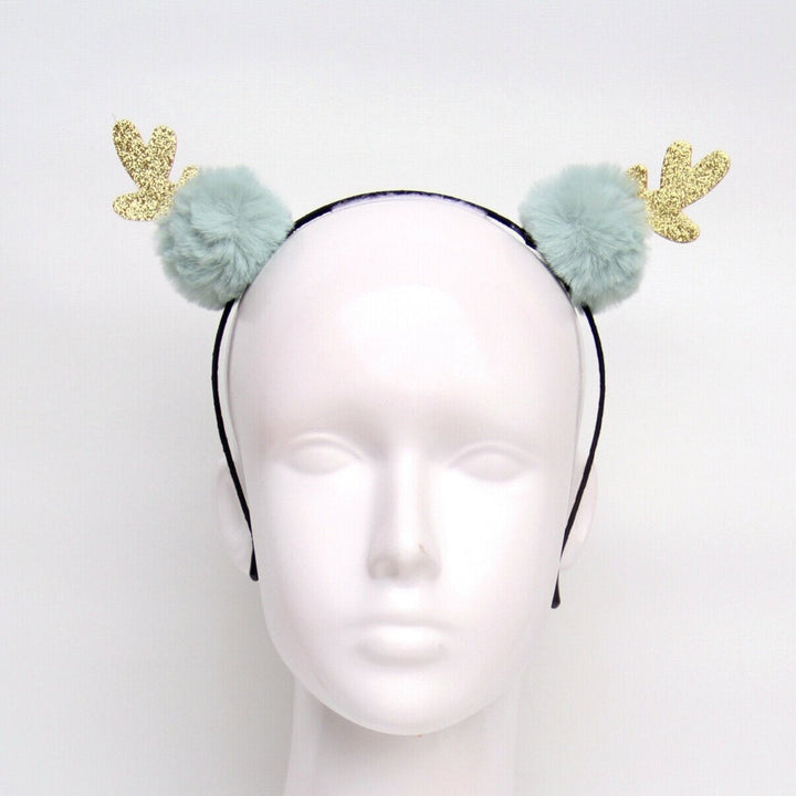 Christmas Headband - Gold Reindeer Antlers with Mint Fluffy Balls - Everything Party