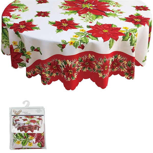 Christmas Reusable Fabric Poinsettia Design Tablecloth Round - Everything Party