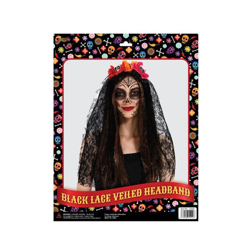 Day of the Dead Headband with Black Lace Veil - Everything Party