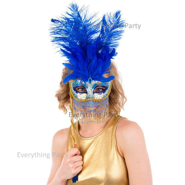 Deluxe Belly Dancer Masquerade Face Mask on a Stick - Blue - Everything Party