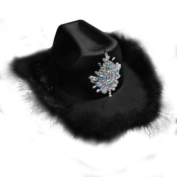 Deluxe Black Festival Cowgirl Hat with Rhinestones and Furry Fluffy Trim - Everything Party