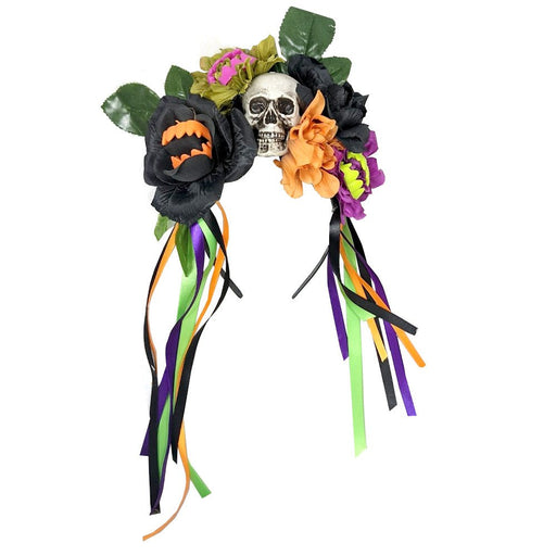 Deluxe Day of the Dead Headband with Skull Flowers and Ribbons - Everything Party
